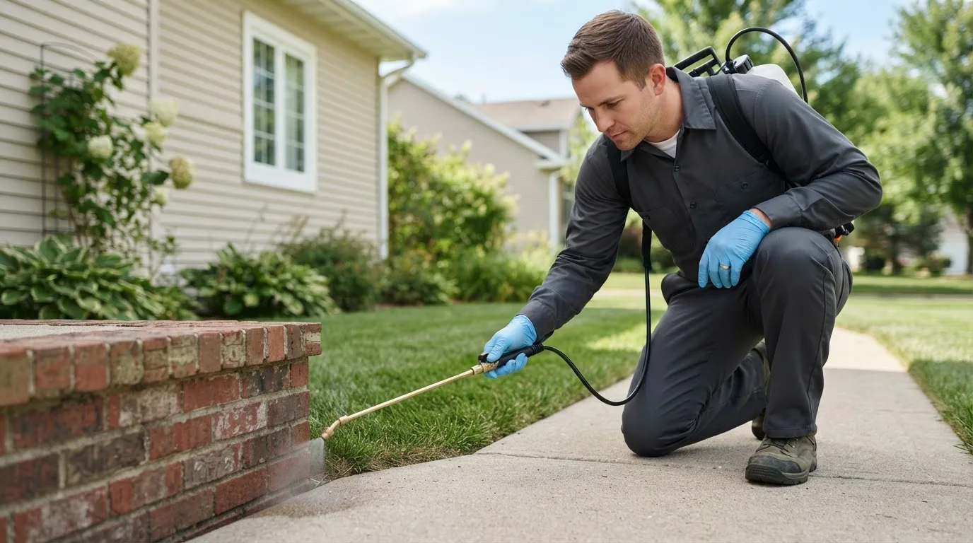 Pest control technician treating a home near Augusta, MO